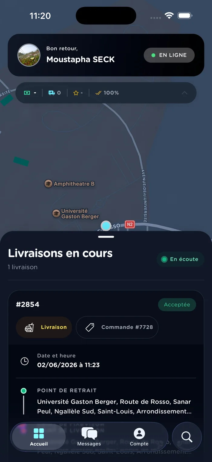 Écran d’accueil SenDelivery : statut en ligne et livraisons en cours sur la carte